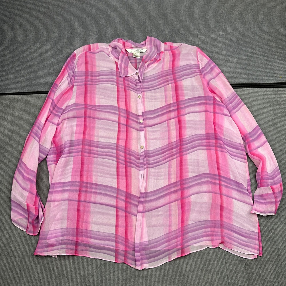John Paul Richard Uniform Woman Pink Purple Plaid 100% Silk Blouse Chiffon Y2k